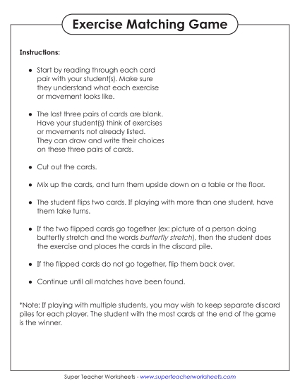 Games & Experiments - Exercise Matching Game (Printable PDF Worksheet)