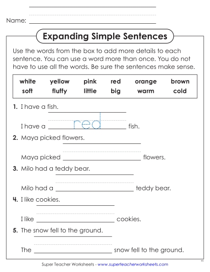 Expanding Simple Sentences - Expanding Simple Sentences With Adjectives (Printable PDF Worksheet)