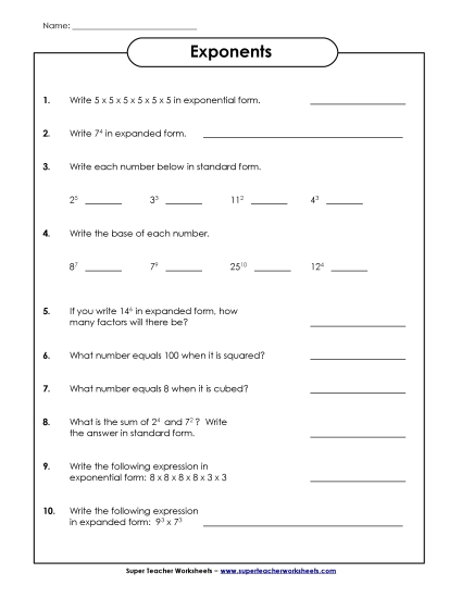 Exponents w/ Whole Numbers as a Base - Exponent Questions