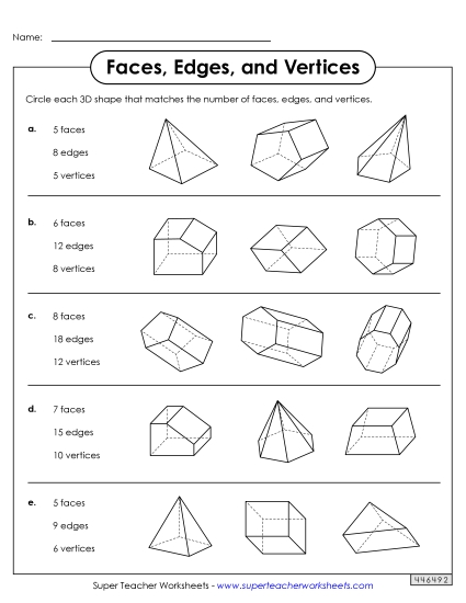 Worksheets - Face, Edges, and Vertices: Circle the Shape Worksheets - Face, Edges, and Vertices: Circle the Shape