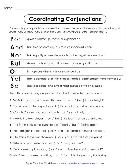 FANBOYS Conjunctions Printable PDF Worksheet For Kids FANBOYS Conjunctions Printable PDF Worksheet For Kids
