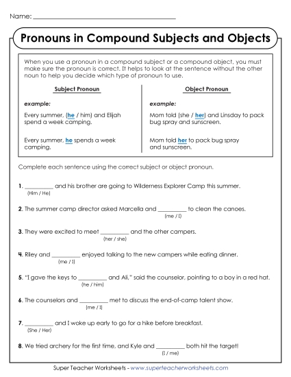 Subject & Object Pronouns - Fill-in-the-Blank Worksheet Pronouns in Compound Subjects & Objects Subject & Object Pronouns - Fill-in-the-Blank Worksheet Pronouns in Compound Subjects & Objects