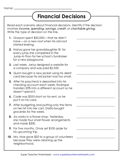 Budgeting & Financial Decisions - Financial Decisions (Printable PDF Worksheet)
