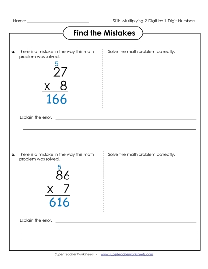 2-Digit Times 1-Digit Worksheets - Find the Errors: 2-Digit by 1-Digit Numbers 2-Digit Times 1-Digit Worksheets - Find the Errors: 2-Digit by 1-Digit Numbers