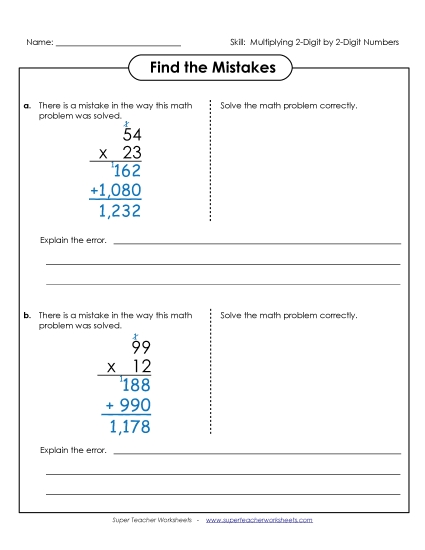 2-Digit Times 2-Digit Worksheets - Find the Errors: 2-Digit by 2-Digit Numbers