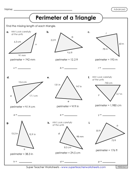 Advanced (Includes Decimals & Fractions) - Find the Missing Length on the Triangle (Advanced) Advanced (Includes Decimals & Fractions) - Find the Missing Length on the Triangle (Advanced)