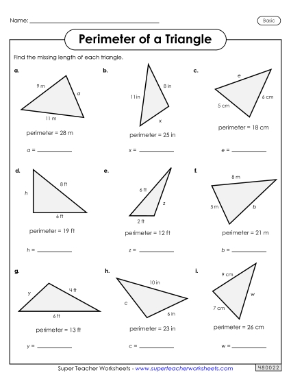 Basic (Simple Shapes & Whole Numbers) - Find the Missing Length on the Triangle (Basic) Basic (Simple Shapes & Whole Numbers) - Find the Missing Length on the Triangle (Basic)