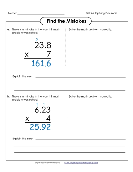 Multiplying Decimals By 1-Digit Numbers - Find the Mistake: Multiplying Decimals by 1-Digit Multiplying Decimals By 1-Digit Numbers - Find the Mistake: Multiplying Decimals by 1-Digit