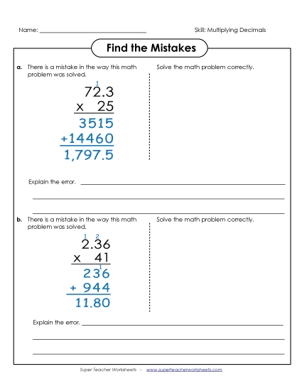 Multiplying Decimals By 2-Digit Numbers - Find the Mistake: Multiplying Decimals by 2-Digit Numbers