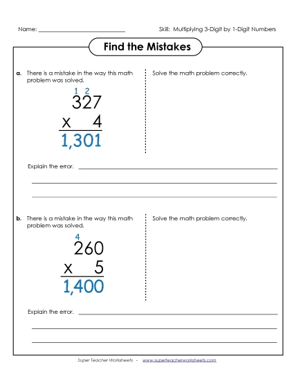 3-Digit Times 1-Digit Printables - Find the Mistakes: 3-Digit by 1-Digit Numbers
