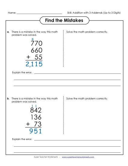 Three-Digit - Find the Mistakes (3 Digits)