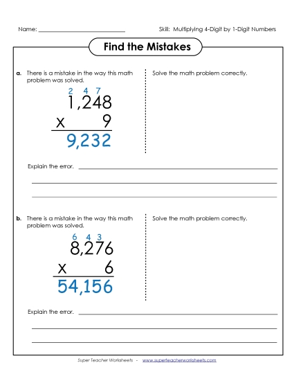 4-Digit Times 1-Digit Worksheets - Find the Mistakes: 4-Digit by 1-Digit Numbers