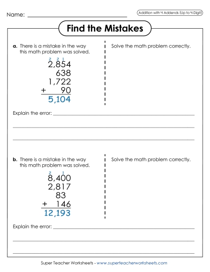 3 or More Addends - Find the Mistakes (Multiple Addends)
