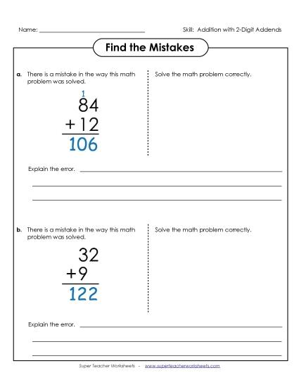 Worksheets (2-Digit Addends) - Find the Mistakes