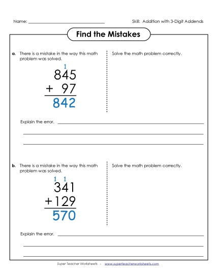 Addition (3-Digit Addends) - Find the Mistakes