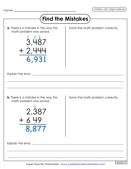 4-Digit Addition - Find the Mistakes 4-Digit Addition - Find the Mistakes