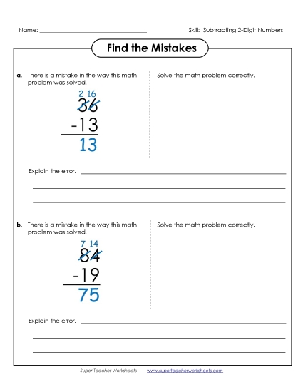 2-Digit Subtraction Worksheets - Find the Mistakes