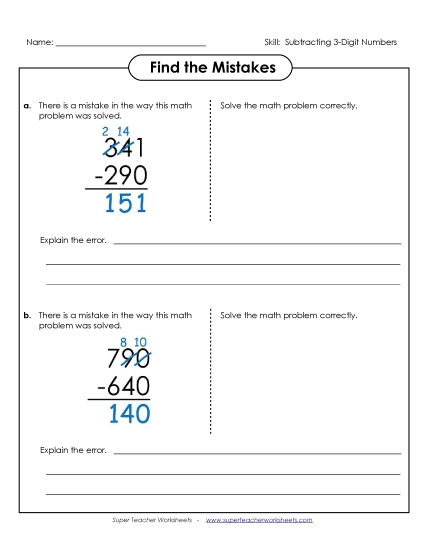 3-Digit Subtraction Worksheets - Find the Mistakes