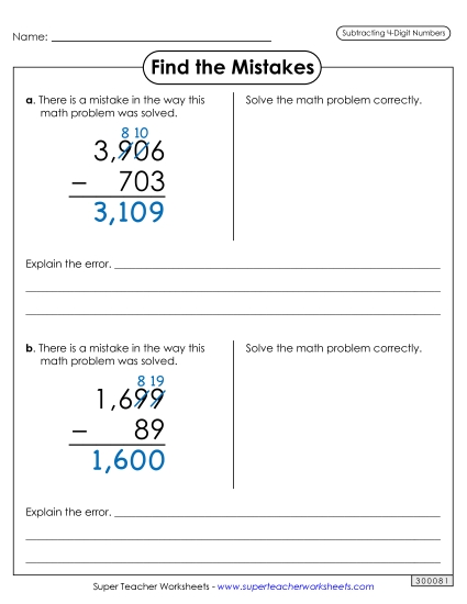 4-Digit Subtraction Worksheets - Find the Mistakes