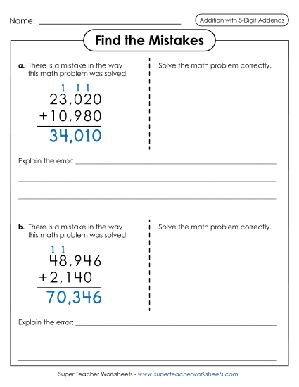 5-Digit Addition - Find the Mistakes 5-Digit Addition - Find the Mistakes