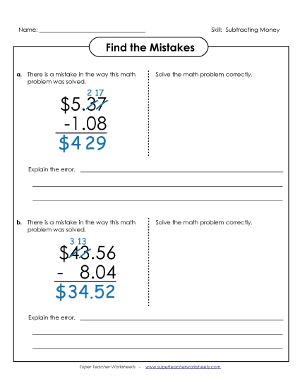 Subtracting Money Worksheets - Find the Mistakes (Version 1)