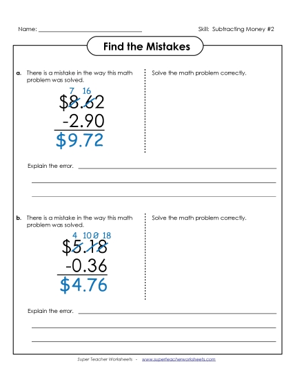 Subtracting Money Worksheets - Find the Mistakes (Version 2) Subtracting Money Worksheets - Find the Mistakes (Version 2)