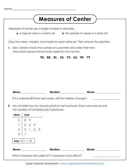 Measures of Center Only - Finding Measures of Center