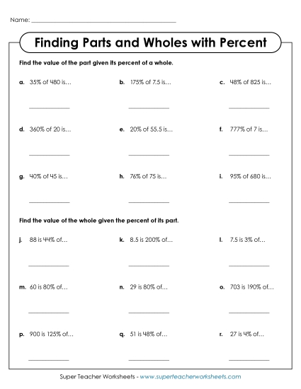 Finding Parts and Wholes - Finding Parts and Wholes with Percent