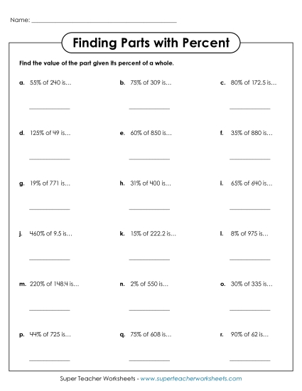 Finding Parts and Wholes - Finding Parts with Percent Worksheet