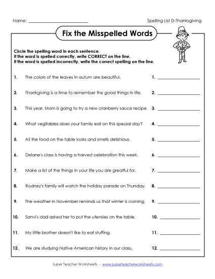 Worksheets - Fix the Misspelled Word (D-Thanksgiving) 