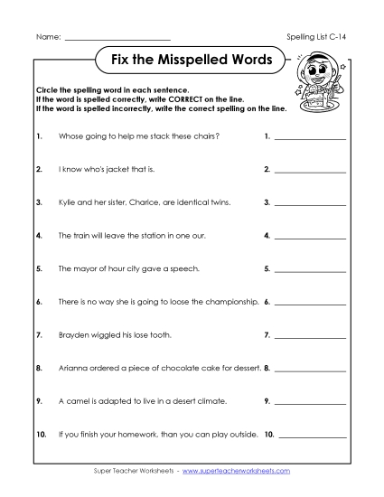 Worksheets - Fix the Misspelled Words (C-14) 