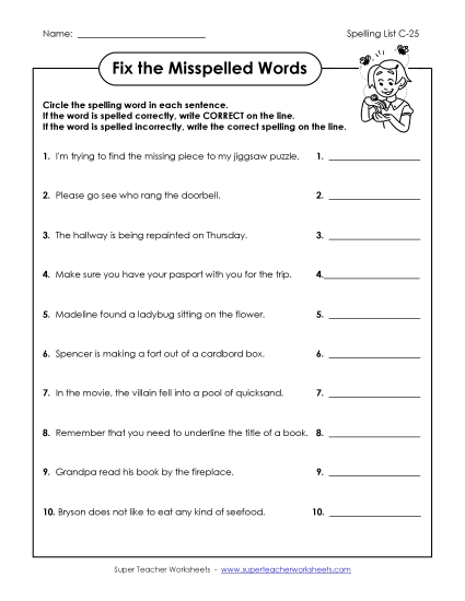 Worksheets - Fix the Misspelled Words (C-25) 