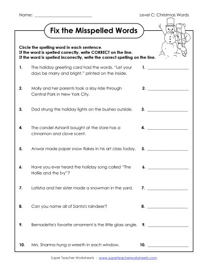 Worksheets - Fix the Misspelled Words (C-Christmas) Worksheets - Fix the Misspelled Words (C-Christmas)