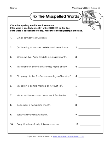 Worksheets and Activities - Fix the Misspelled Words (C-Months and Days) Worksheets and Activities - Fix the Misspelled Words (C-Months and Days)