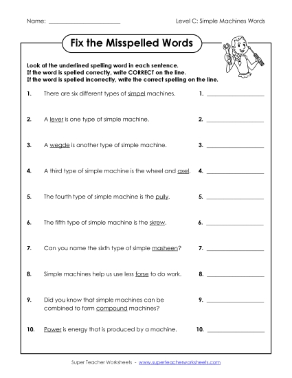 Worksheets and Activities - Fix the Misspelled Words (C-Simple Machines Words) Worksheets and Activities - Fix the Misspelled Words (C-Simple Machines Words)