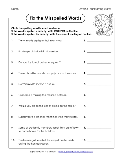 Worksheets and Activities - Fix the Misspelled Words (C-Thanksgiving) 