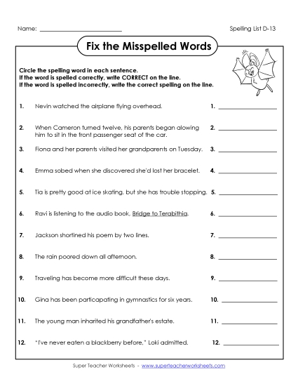 Worksheets - Fix the Misspelled Words (D-13) Worksheets - Fix the Misspelled Words (D-13)