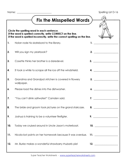 Worksheets - Fix the Misspelled Words (D-16) Worksheets - Fix the Misspelled Words (D-16)