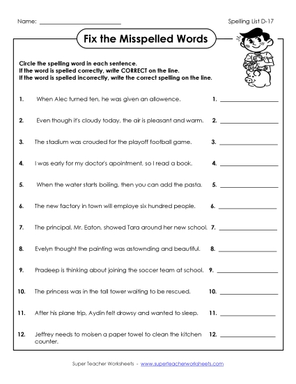 Worksheets - Fix the Misspelled Words (D-17) Worksheets - Fix the Misspelled Words (D-17)