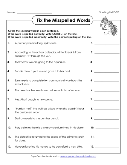 Worksheets - Fix the Misspelled Words (D-20) Worksheets - Fix the Misspelled Words (D-20)