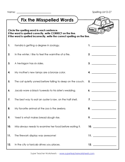 Worksheets - Fix the Misspelled Words (D-27) Worksheets - Fix the Misspelled Words (D-27)
