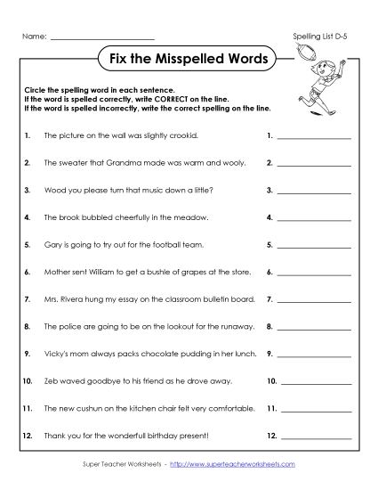 Worksheets - Fix The Misspelled Words (D-5)