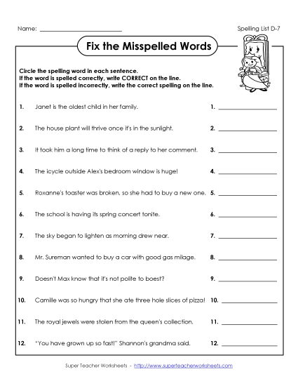 Worksheets - Fix the Misspelled Words (D-7) Worksheets - Fix the Misspelled Words (D-7)