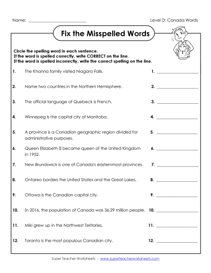 Worksheets and Activities - Fix the Misspelled Words (D-Canada Words) 