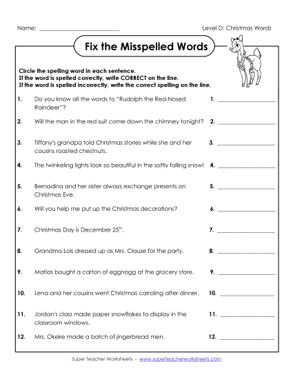 Worksheets - Fix the Misspelled Words (D-Christmas) Worksheets - Fix the Misspelled Words (D-Christmas)