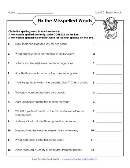 Worksheets - Fix the Misspelled Words (D-Easter) 
