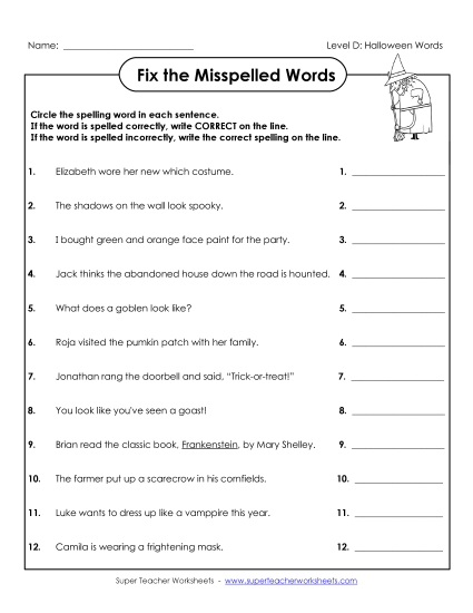 Worksheets - Fix the Misspelled Words (D-Halloween) 