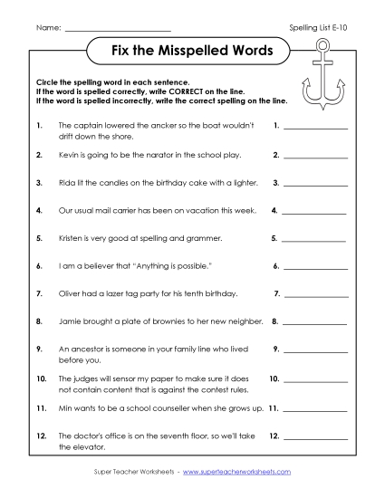 Printable Worksheets - Fix the Misspelled Words (E-10)