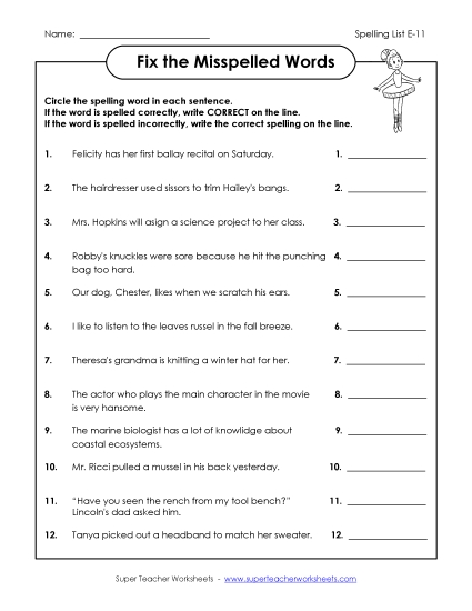 Printable Worksheets - Fix the Misspelled Words (E-11) 