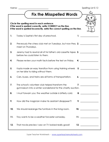 Printable Worksheets - Fix the Misspelled Words (E-12) Printable Worksheets - Fix the Misspelled Words (E-12)